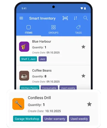 Smart Inventory on an Android phone: a list of items with groups and tags