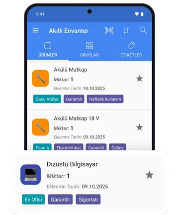 Android telefonda Akıllı Envanter: gruplar ve etiketlerle ürün listesi